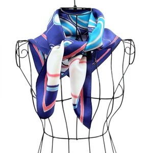 Vintage Simone Elegant Blue Pink and White Dotted Silk Like Neck Scarf